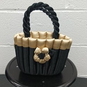 Naraya Satin Drawstring Bucket Handbag w/Handles Black and Gold